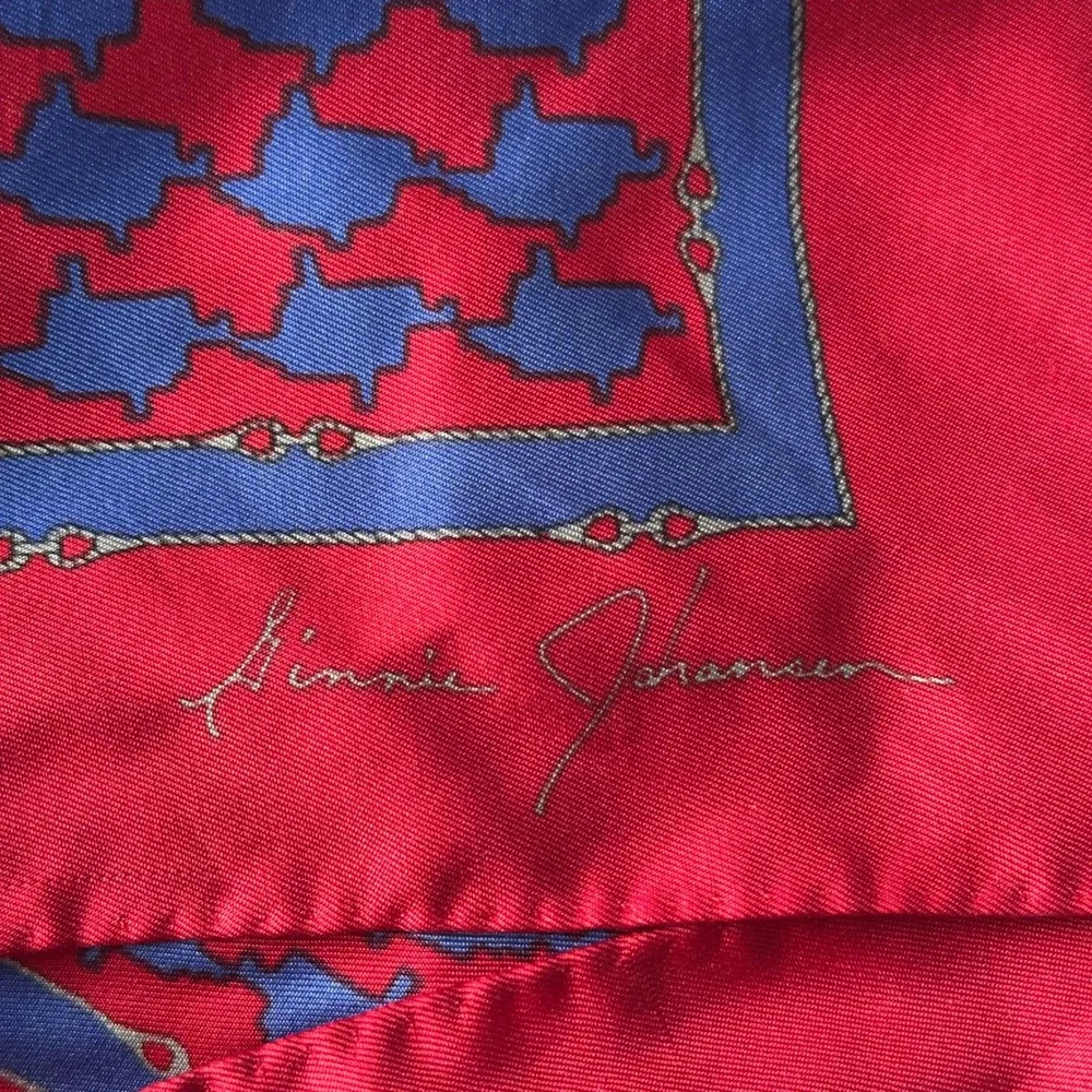 Vintage 1987 Ginnie Johansen Red Blue Silk Scarf Geometric Made in Japan 34